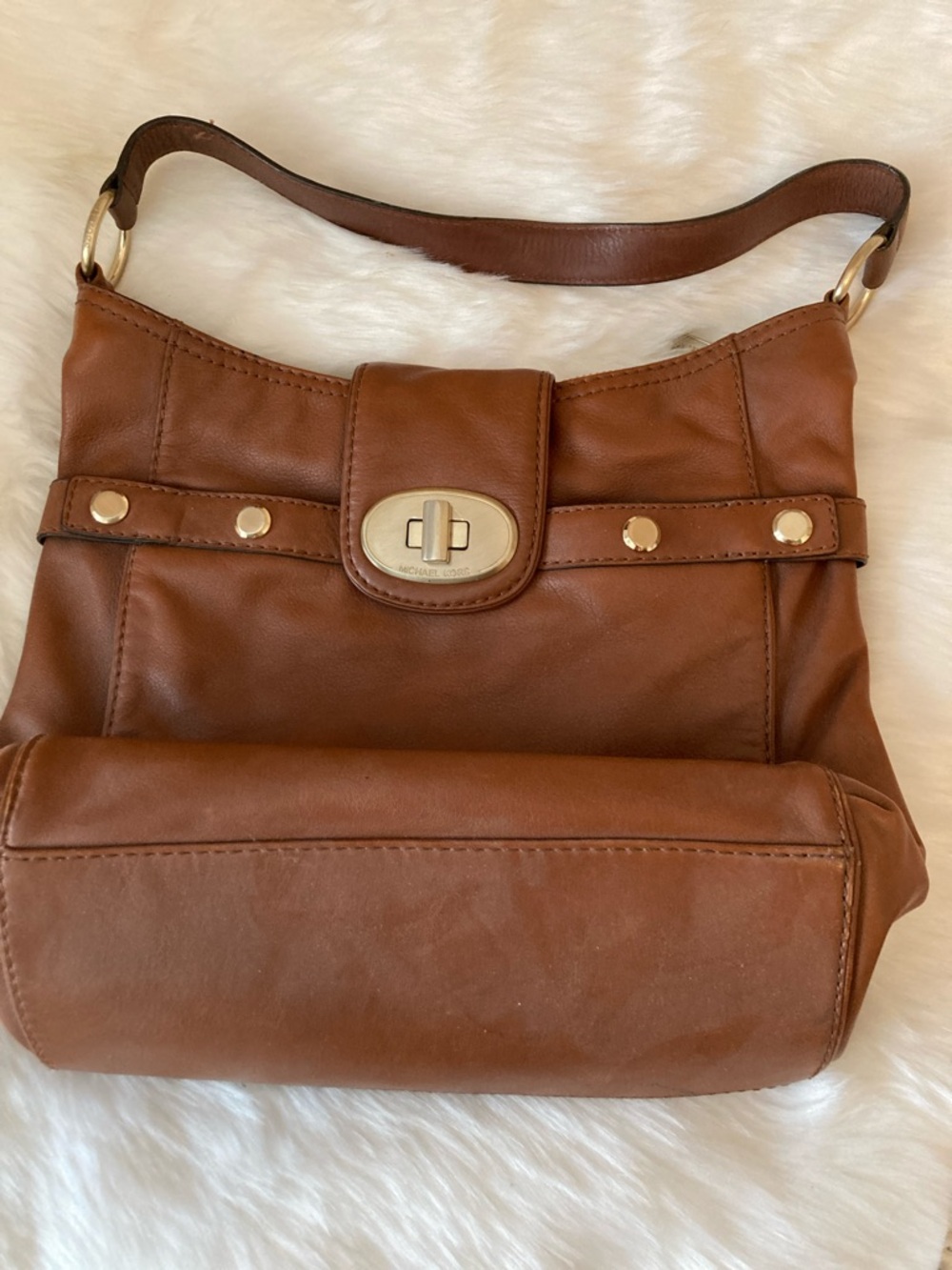 Michael Kors Cognac Brown Leather Shoulder Bag with Gold Hardware